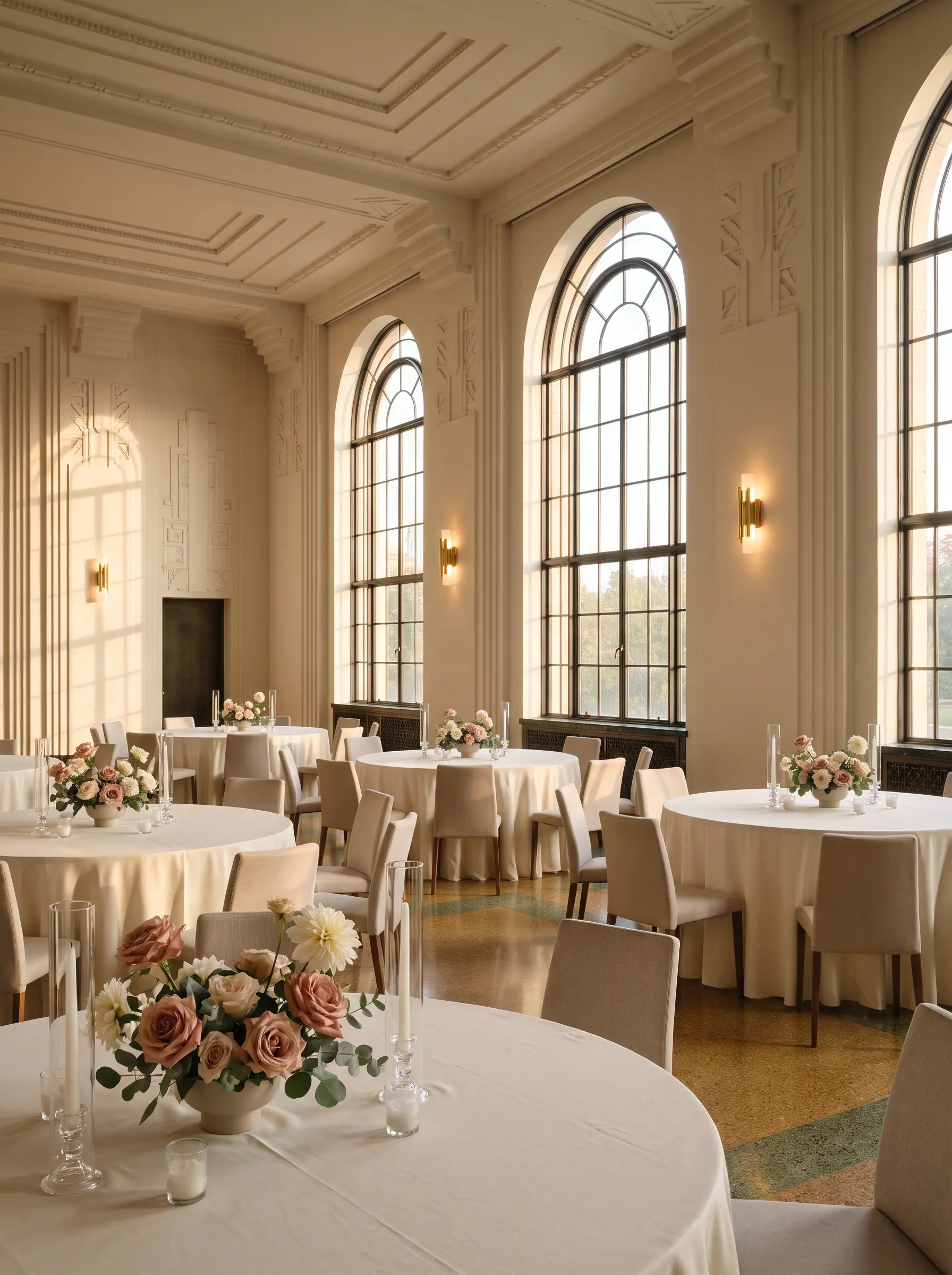 American Art Deco wedding reception with warm ivory tables and blush florals